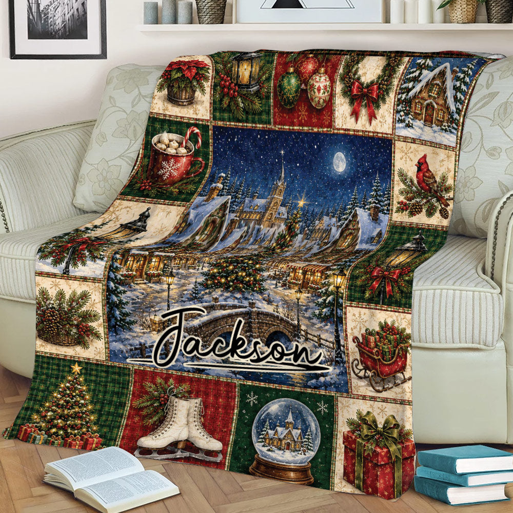Christmas throw blanket displayed on a sofa with winter village, Christmas tree, ornaments, and gift artwork
