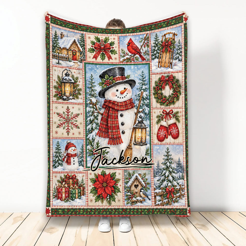Christmas blanket featuring a cheerful snowman, snowy cabin scenes, wreaths, poinsettias, gifts, and holiday accents
