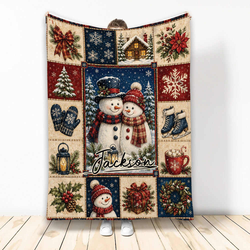 Christmas throw blanket with snowmen, snowflakes, cabin, poinsettias, wreaths, and rustic holiday panels
