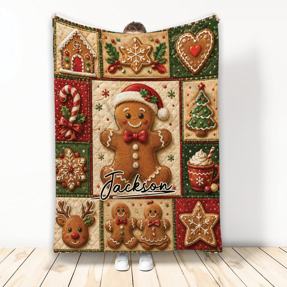 Christmas gingerbread cookie blanket displayed with gingerbread people, candy canes, snowflakes, and festive holiday colors