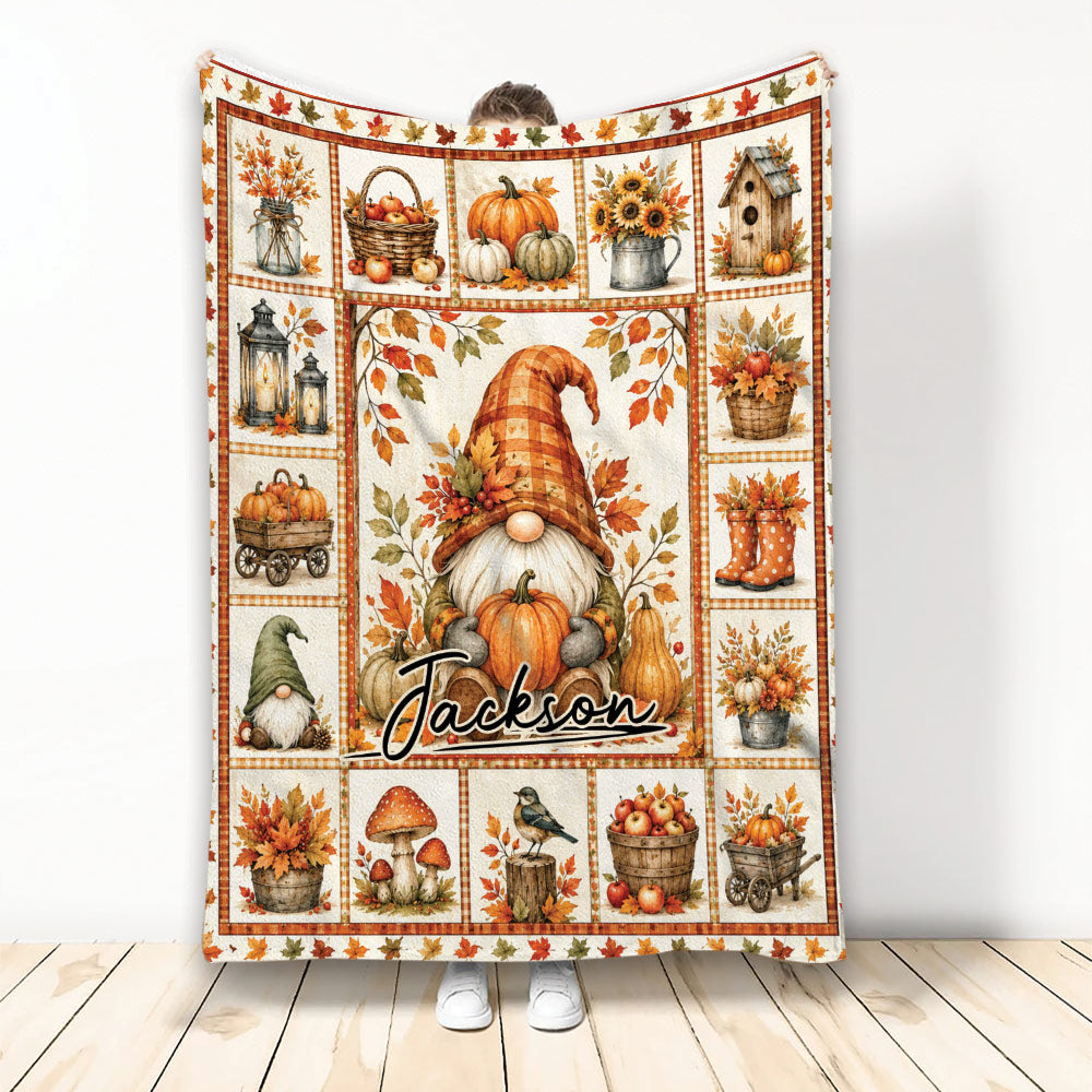 Fall gnome throw blanket with pumpkins, autumn leaves, harvest scenes and rustic country artwork