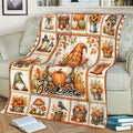 Rustic fall gnome blanket displayed on a couch with pumpkins, leaves, apples and harvest artwork