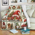 Christmas gnome throw blanket draped over a sofa with festive gifts, ornaments, stockings, and holiday decor