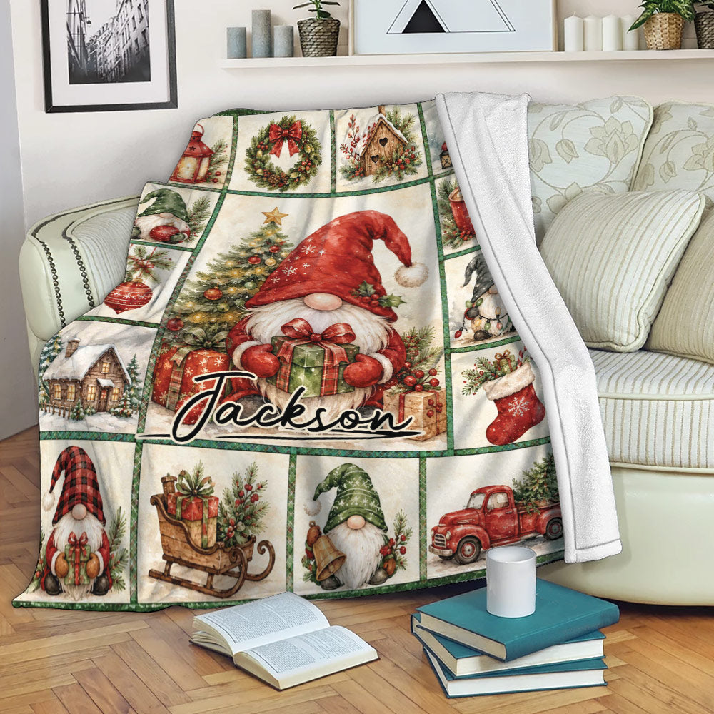 Christmas gnome throw blanket draped over a sofa with festive gifts, ornaments, stockings, and holiday decor