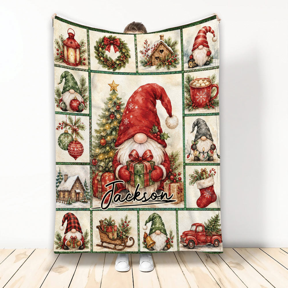 Christmas gnome blanket displayed with festive gnomes, gifts, tree, wreaths, stockings, and holiday cabin artwork