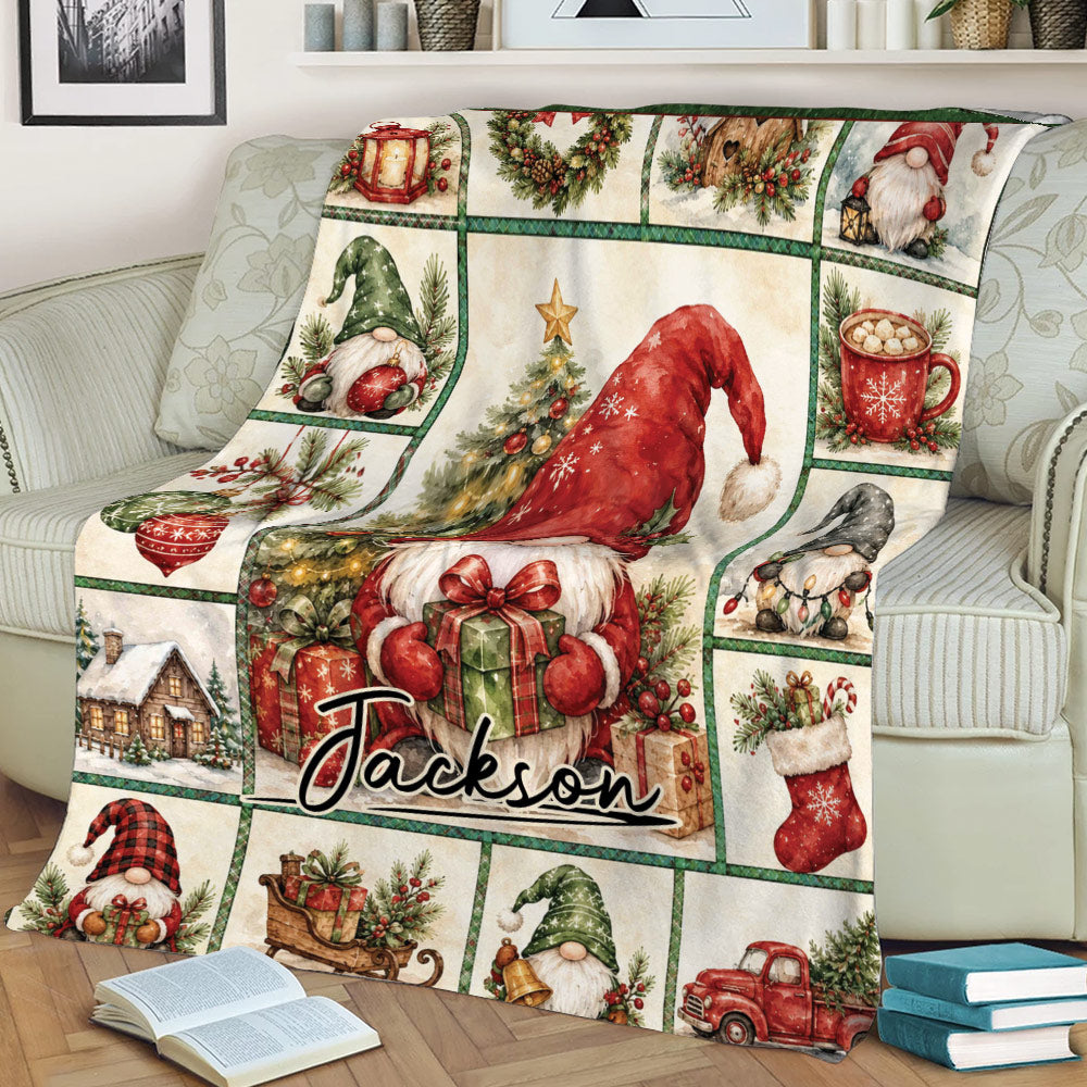Festive gnome throw blanket styled on a couch with Christmas tree, presents, stockings, wreaths, and rustic holiday scenes