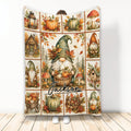 Autumn gnome blanket featuring pumpkins, mushrooms, harvest baskets, rustic cottages, and colorful fall leaves