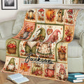 Rustic fall gnome throw blanket displayed on a sofa with paired gnomes, pumpkins, mushrooms, and harvest details