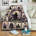 Witchcraft throw blanket displayed on a sofa with purple magical artwork, crystals, candles, and a moon