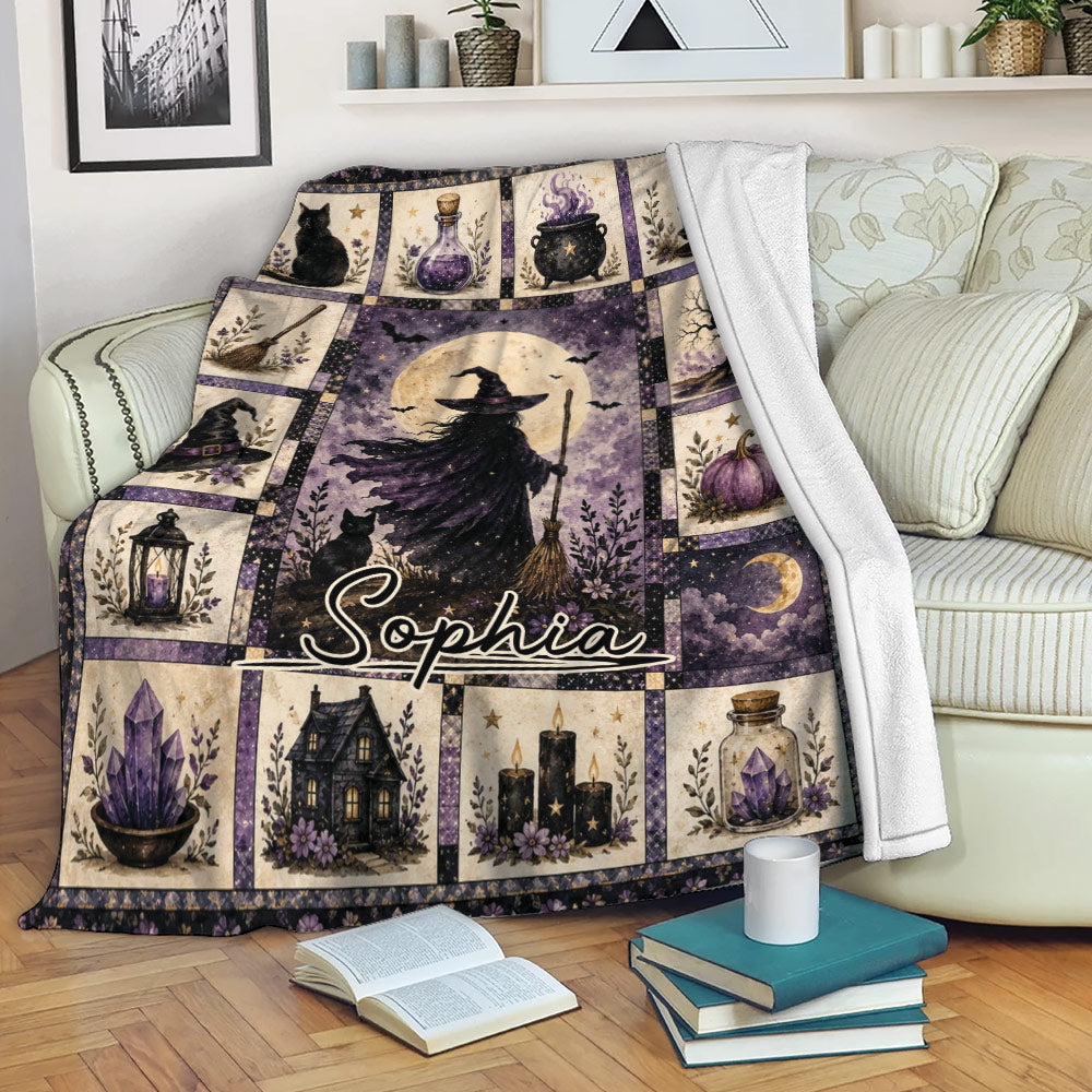 Witchcraft throw blanket displayed on a sofa with purple magical artwork, crystals, candles, and a moon