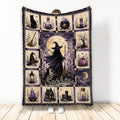 Witchcraft throw blanket with a moonlit witch, cauldron, crystals, candles, broom, and black cat artwork