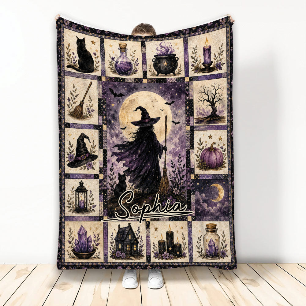 Witchcraft throw blanket with a moonlit witch, cauldron, crystals, candles, broom, and black cat artwork
