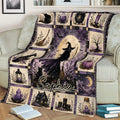 Witchcraft throw blanket draped over a sofa with a central witch scene and vintage magical motifs