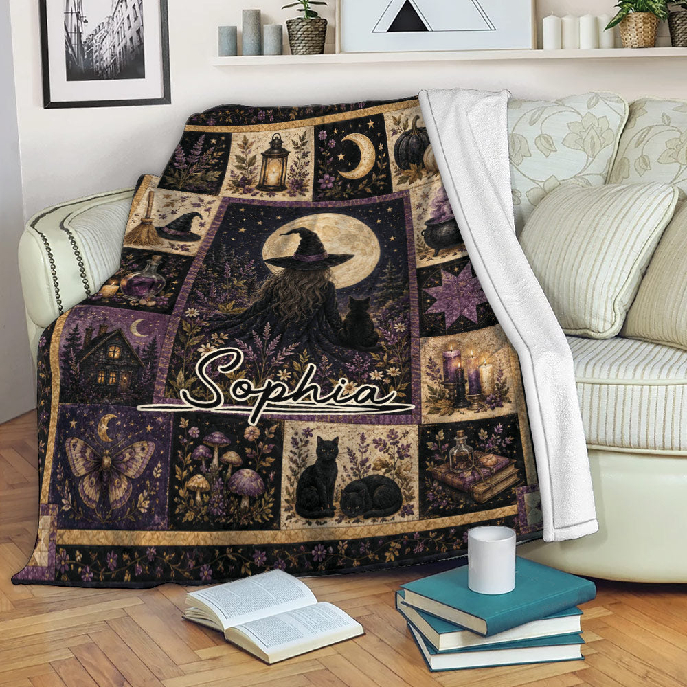 Witchcraft throw blanket displayed on a sofa with moon, witch, black cat, cauldron, candles, and mystical cottage motifs