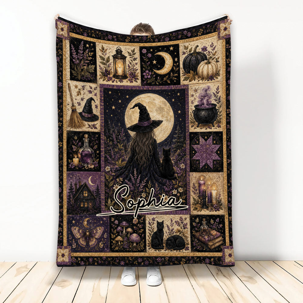Witchcraft blanket with a moonlit witch, black cat, cauldron, broom, pumpkins, candles, and purple floral artwork