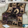 Witchy throw blanket draped over a couch, featuring a moonlit witch, black cats, mushrooms, candles, and purple accents