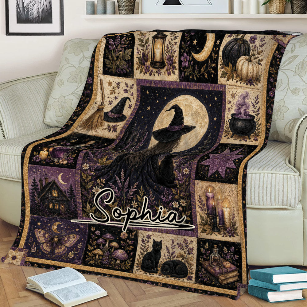 Witchy throw blanket draped over a couch, featuring a moonlit witch, black cats, mushrooms, candles, and purple accents