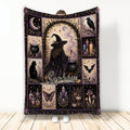 Witchcraft throw blanket featuring a magical witch, moon, raven, crystals, candles, cauldrons, and botanical artwork