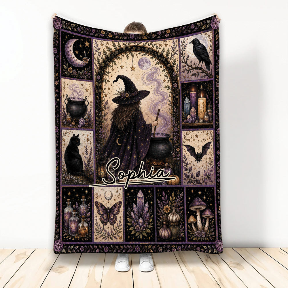 Witchcraft throw blanket featuring a magical witch, moon, raven, crystals, candles, cauldrons, and botanical artwork