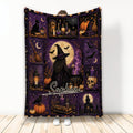 Witchcraft throw blanket featuring a purple gothic collage with a witch, black cat, cauldron, potions, pumpkins, and bats