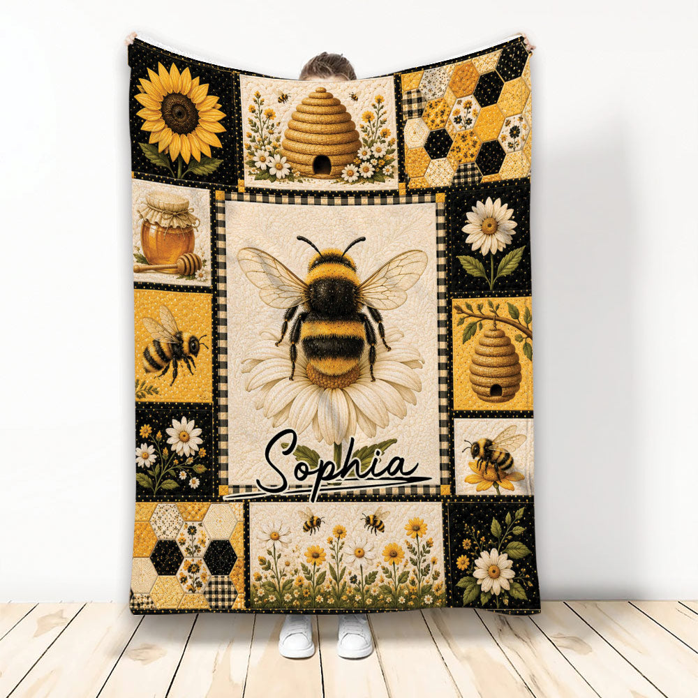 Bee throw blanket with central honey bee, sunflowers, beehives, honey jar and floral hexagon border