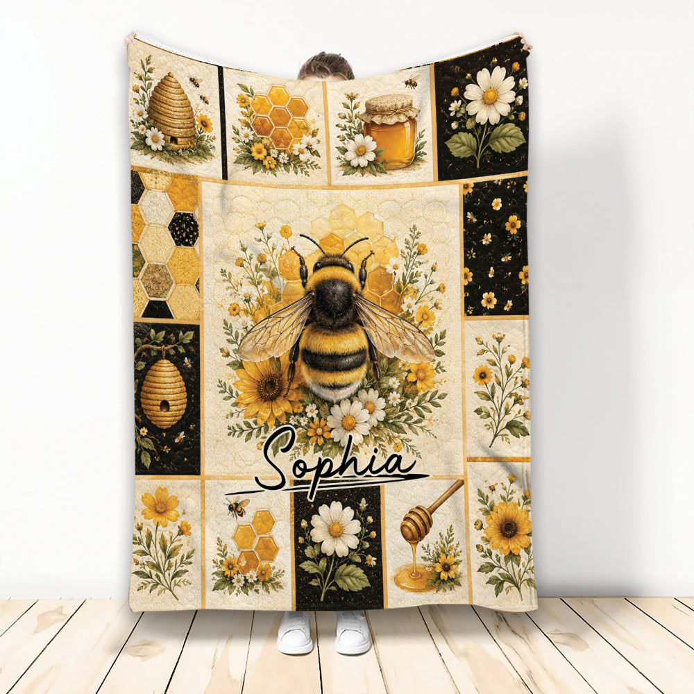Bee throw blanket with honeybee, beehive, honeycomb, sunflowers, daisies, and vintage botanical artwork
