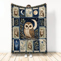 Owl throw blanket featuring moonlit botanical panels, multiple perched owls, and a vintage blue nature design