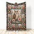 Owl throw blanket featuring a detailed owl surrounded by flowers, birds, and colorful geometric panels