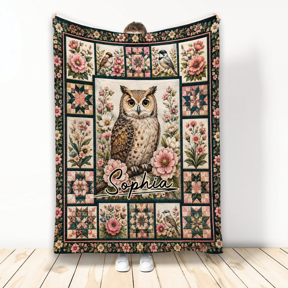 Owl throw blanket featuring a detailed owl surrounded by flowers, birds, and colorful geometric panels