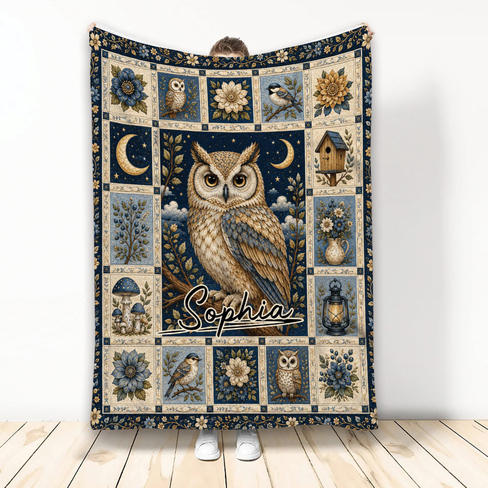 Custom owl blanket with a detailed nighttime bird design, flowers, moons, and botanical border