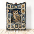 Custom owl blanket with a detailed nighttime bird design, flowers, moons, and botanical border