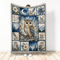 Owl throw blanket with watercolor owl, moon, flowers, feathers, and woodland panels