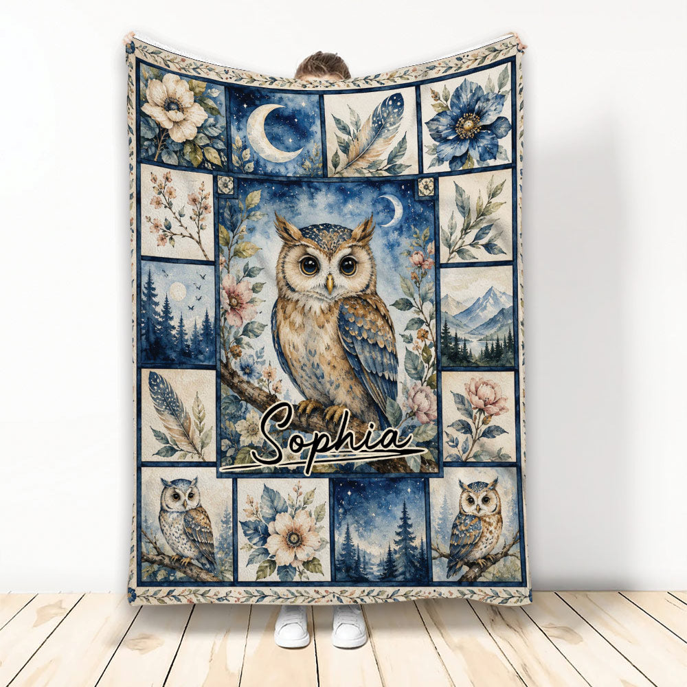 Owl throw blanket with watercolor owl, moon, flowers, feathers, and woodland panels