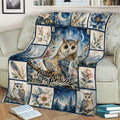 Watercolor owl blanket displayed on a sofa with celestial flowers and forest scenes