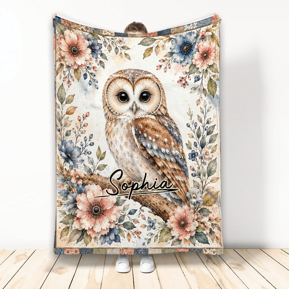 Owl throw blanket with detailed floral artwork in soft blue, coral, cream, and brown tones