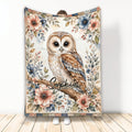 Owl throw blanket with detailed floral artwork in soft blue, coral, cream, and brown tones