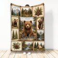 Bear blanket with rustic mountain cabin, pine forest, river, camping and wildlife collage artwork