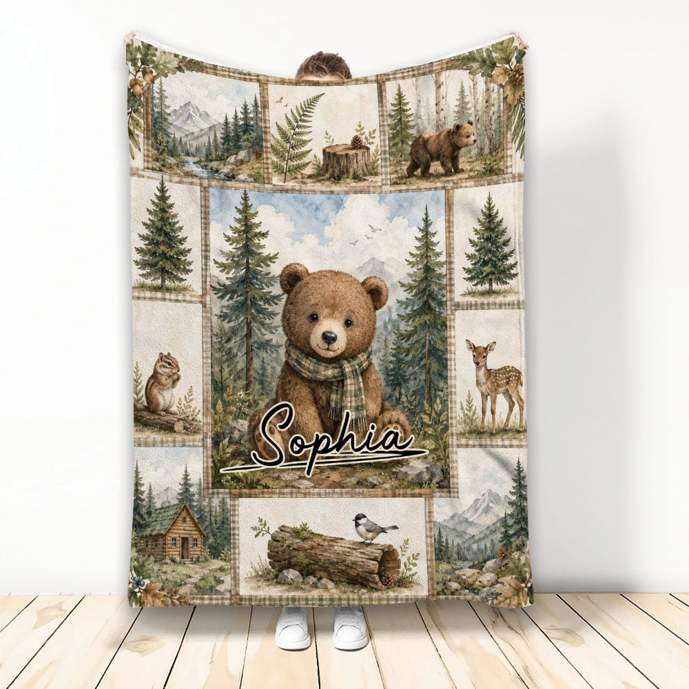 Bear throw blanket with woodland forest, mountains, deer, cabin, trees, and rustic wildlife artwork