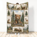 Bear throw blanket with woodland forest, mountains, deer, cabin, trees, and rustic wildlife artwork