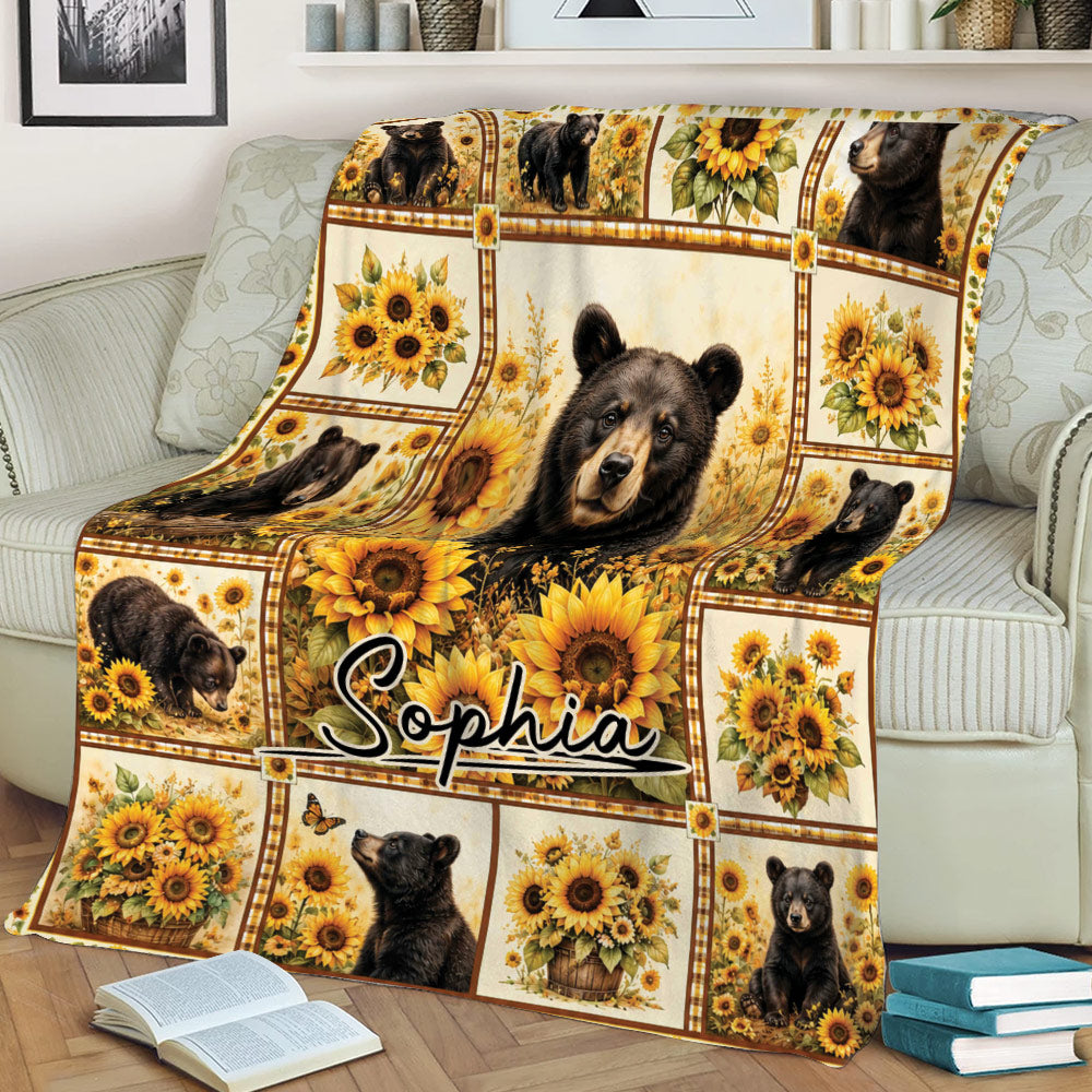 Sunflower bear throw blanket draped across a sofa in a cozy reading room