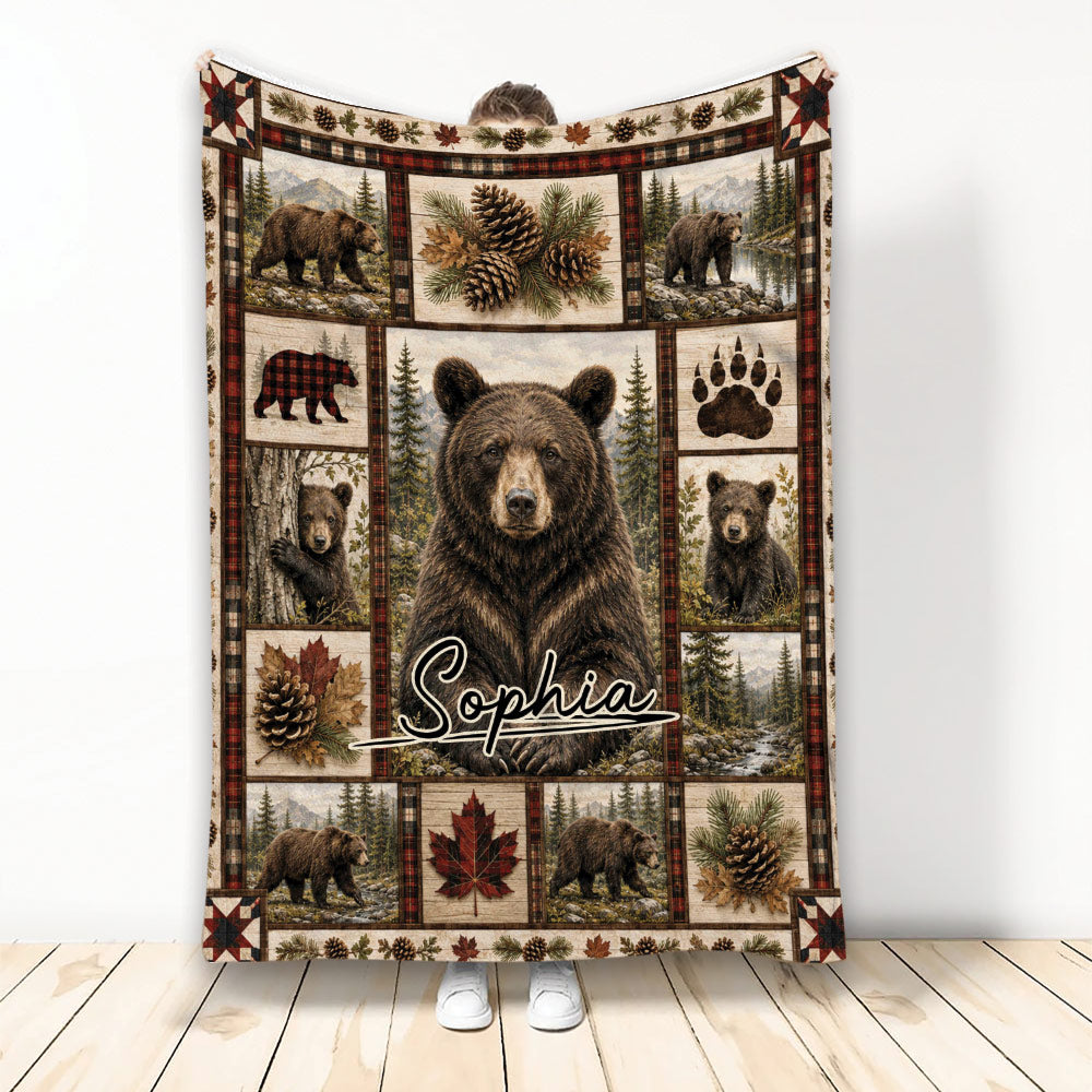 Custom bear throw blanket with woodland scenes, pinecones, plaid accents, and rustic forest artwork