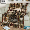 Cozy couch blanket featuring a large bear, forest landscapes, plaid borders, and autumn woodland accents