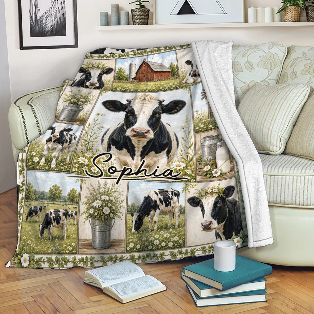 Cow blanket displayed on a sofa with Holstein cow artwork, farmhouse scenes, daisies, and a barn