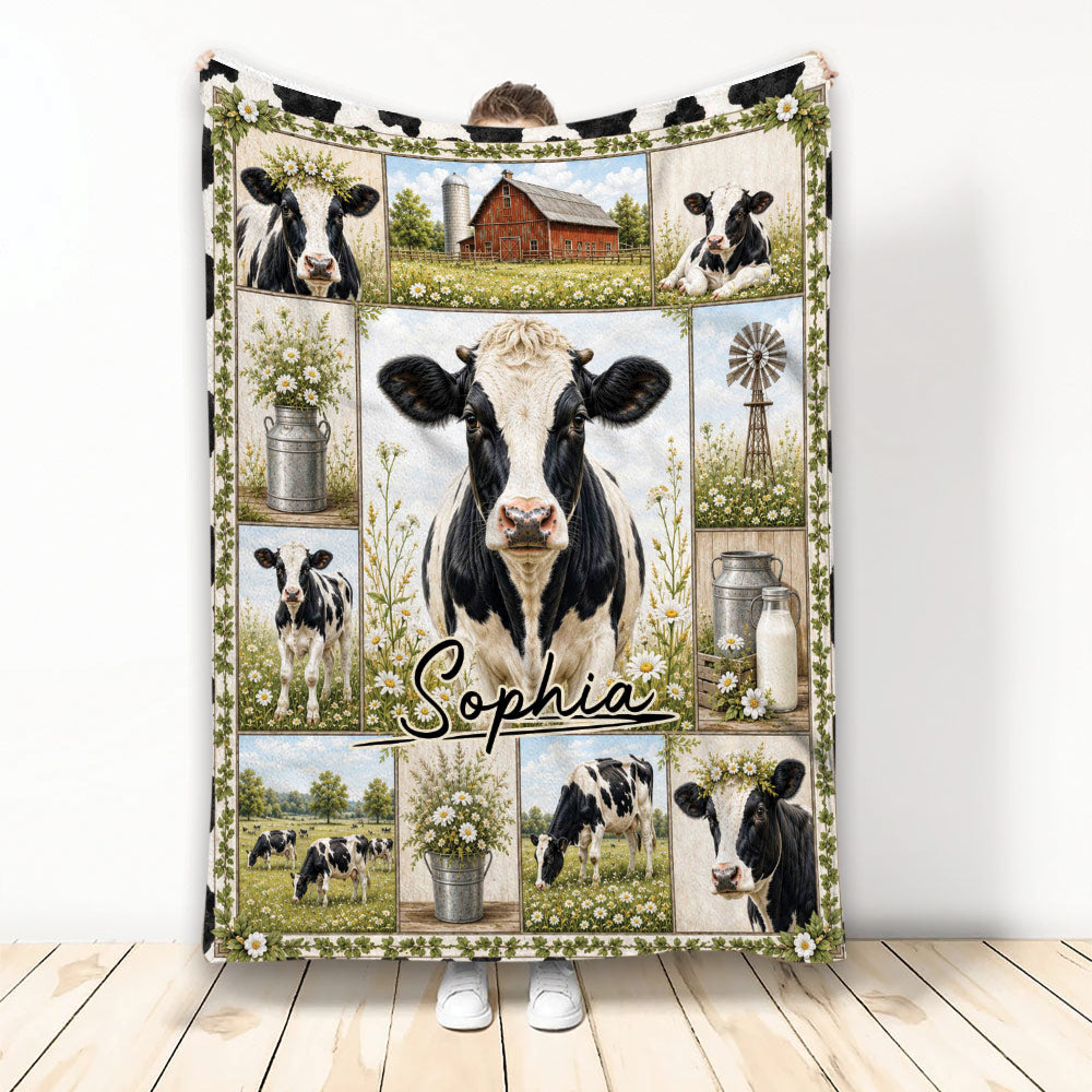 Cow throw blanket featuring Holstein cows, a red barn, daisies, milk cans, and rustic farm scenes