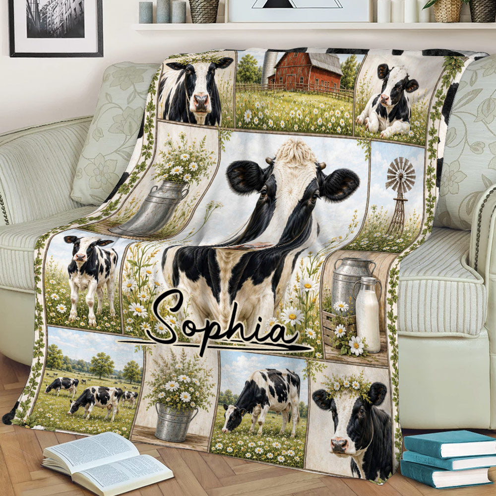 Rustic cow throw blanket draped over a sofa with dairy cows, wildflowers, a barn, and windmill artwork