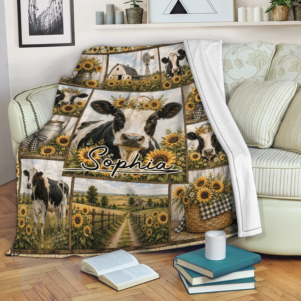 Cow throw blanket draped over a sofa with sunflower farm artwork and black and white cattle scenes