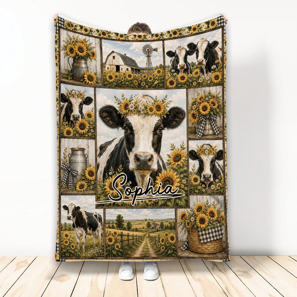 Cow throw blanket featuring farm scenes, sunflowers, barn imagery, and black and white cattle artwork