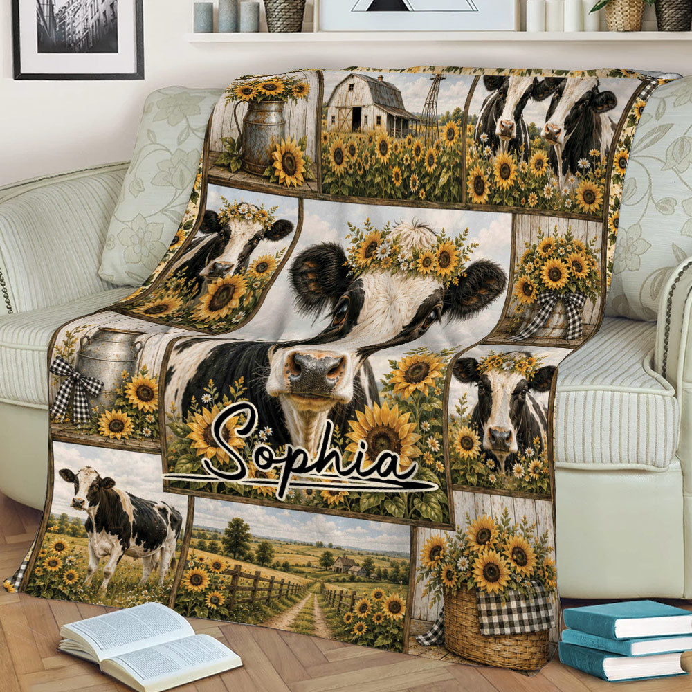 Cow blanket displayed on a sofa with rustic sunflower fields, farmhouse scenes, and cattle artwork