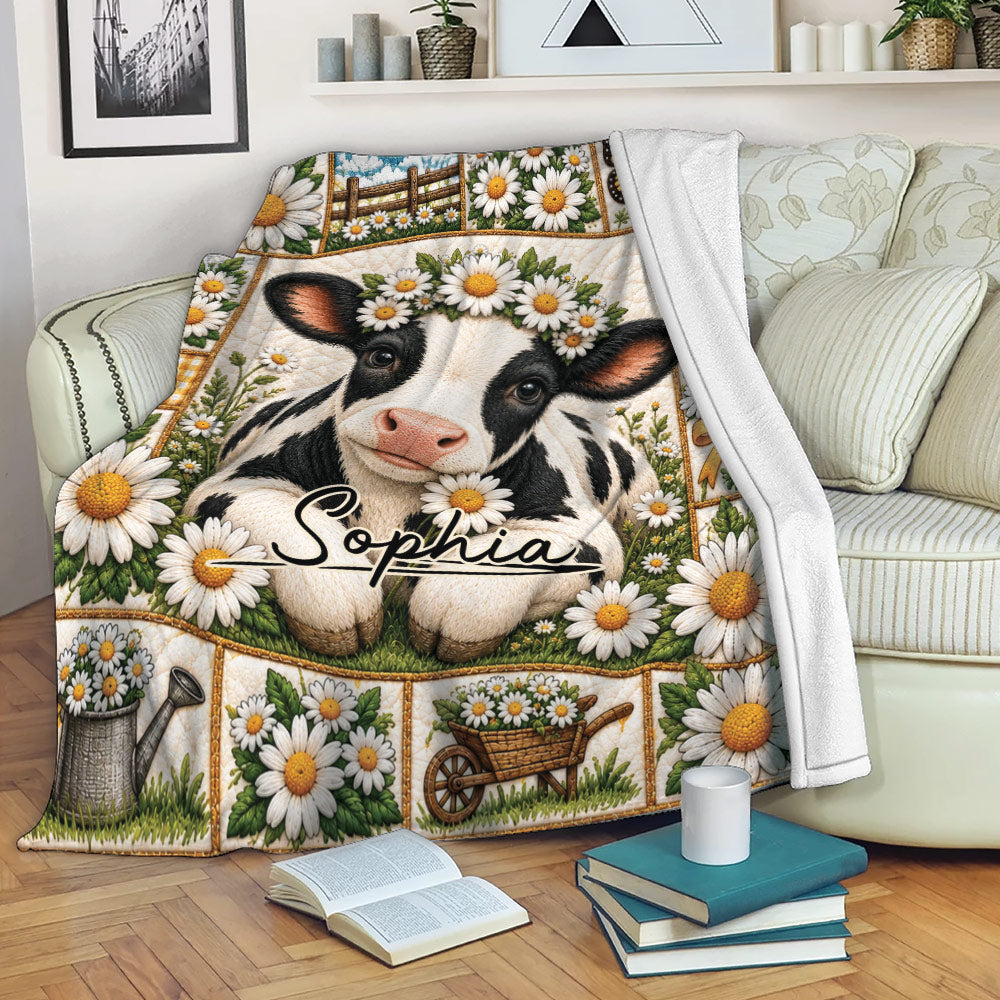 Cow calf throw blanket with daisy artwork draped across a cozy sofa in a bright living room