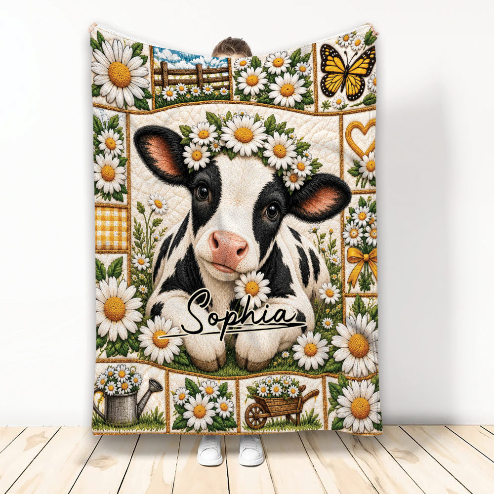 Black and white cow calf blanket surrounded by daisies, butterflies, garden accents, and rustic floral panels
